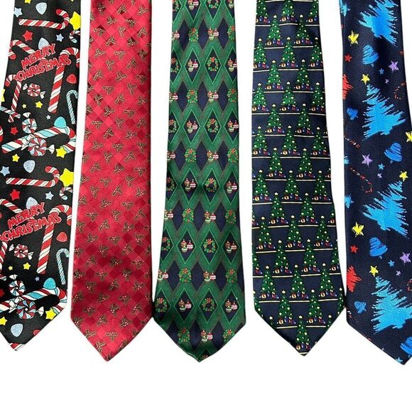 Vtg Ugly Christmas Neckties Lot of 5 Trees Holly Music Candy Canes Holiday Silk - Picture 1 of 14